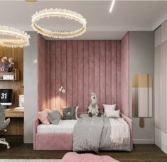 a bedroom with pink and grey decor in the corner, along with a white rug on the floor