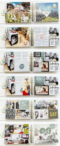 an assortment of pages with different pictures and words on them, all lined up in the same row