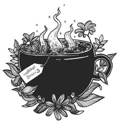 a black and white drawing of a cup filled with coffee