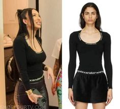 a woman in short shorts and a black top is shown next to an image of the same