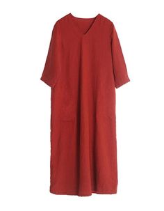 Womens V-neck Loose Linen Dress Red — Obiono Oversized V-neck Solid Color Dress, Solid Color V-neck Dress With Relaxed Fit, Spring Linen V-neck Dress In Solid Color, Spring V-neck Linen Dress In Solid Color, Oversized Solid Color V-neck Dress, Red Relaxed Fit V-neck Dress, Red V-neck Relaxed Fit Dress, Red Linen Short Sleeve Dress For Summer, Red Short Sleeve Linen Dress For Summer