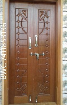 two wooden doors with decorative designs on the front and side panels, one is made from wood