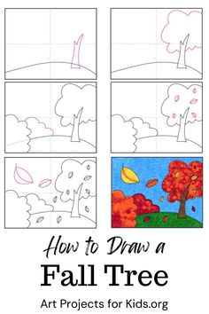 how to draw a fall tree for kids with pictures and text that says, how to draw