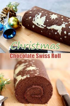 christmas chocolate swiss roll on a cutting board