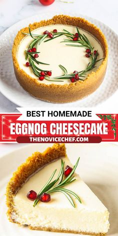 an eggnog cheesecake with cranberries and rosemary on top is shown