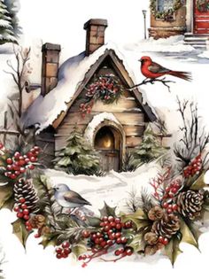 a bird sitting on top of a snow covered roof next to a small house with holly wreaths and pine cones