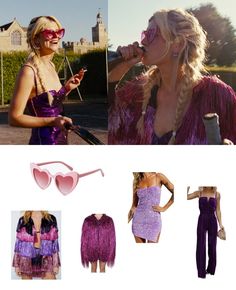 two women in purple dresses and pink sunglasses