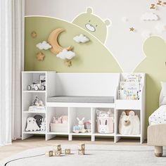 a child's bedroom decorated in green and white