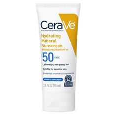 CeraVe Hydrating 100% Mineral Sunscreen for Face SPF 50 is a hydrating, 100% mineral sunscreen with titanium dioxide and zinc oxide that forms a protective barrier on your skin to help reflect UVA and UVB rays without irritating sensitive skin. This sunscreen lotion for face has a lightweight formula that provides all day hydration with three essential ceramides that help restore the skin's natural barrier and lock in moisture long after. CeraVe mineral face sunscreen is allergy-tested, Sunscreen Packaging, Sunscreen For Face, Tanning Sunscreen, Physical Sunscreen, Facial Sunscreen, Sunscreen Spf 50, Zinc Oxide, Sunscreen Lotion, Face Lotion