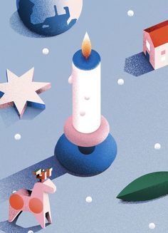 an illustration of a candle surrounded by stars and shapes