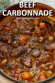 beef and vegetable stew in a pot with the title above it reads beef carbonnade