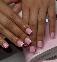 Short Baby Pink French Tip Nails, Short Pink Set Nails, Short Nail Set Ideas Simple, Pastel Pink French Tip Nails, Pretty Pink Nails Short, Short Cute French Tip Nails, Pink Overlay Nails, Cute Short Nail Sets Pink, Cute Overlay Nails