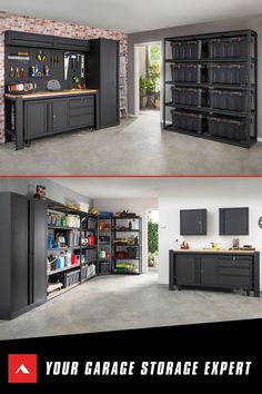 this garage storage cabinet is built into the wall and has multiple compartments to store items