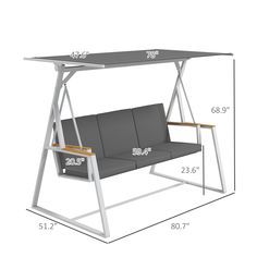 a swing chair with measurements for the seat and back rest area on top of it