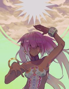 an anime character with pink hair and wings on her body, holding a clock in one hand