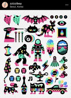 an assortment of colorful stickers on a white background