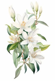 white flowers with green leaves on a white background, watercolor painting illustration stock photo