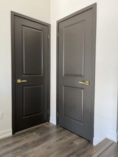 two black doors in a white room with wood floors