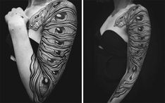 black and white photo of a woman's arm with an intricate tattoo design on it