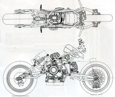 a drawing of a motorcycle is shown in black and white, as well as an image of the engine