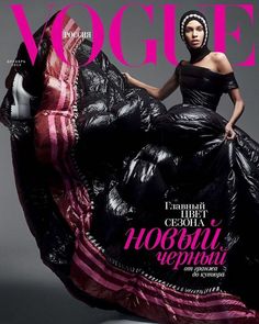 a woman in a black dress is on the cover of a magazine with pink ribbons