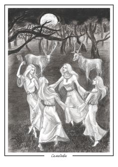 three women are dancing in front of a tree and the moon is shining behind them