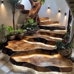 the stairs are made out of wood and have lights on them