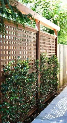 a wooden fence is next to a brick walkway in the garden with green plants on it