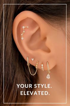 a woman wearing ear piercings with the words, your style elevated