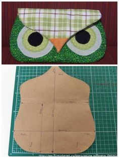 an owl purse is cut out and placed on a cutting board