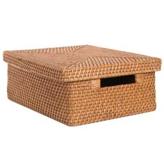 a brown wicker box with a lid