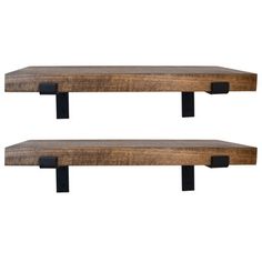 two wooden shelves with black metal brackets