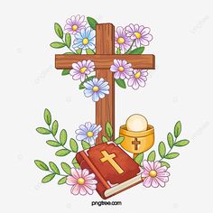 a cross with flowers and a book on it