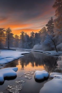 the sun is setting over a frozen lake and trees in the background with snow on the ground