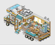 an illustrated drawing of a house on wheels with furniture and kitchen in the center, as well as appliances