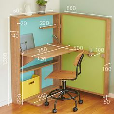 an office desk with measurements for the chair