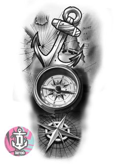 an anchor and compass tattoo design on the left side of his arm, which is black and white