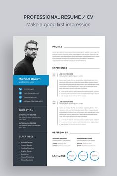 a professional resume template with blue accents on the front and back cover, is shown