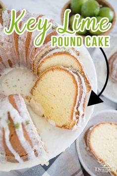 a cake that is sitting on a plate with the words, key lime pound cake