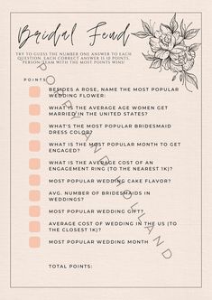 a wedding checklist with flowers on it and the words, bridal food list