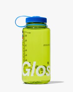 a water bottle with the word glo's on it and a measuring tape