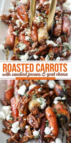 Wondering what else to serve at your Thanksgiving dinner party? Here's a Thanksgiving side dish recipe featuring cooked carrots! Draped in candied pecans then sprinkled with a touch of goat cheese, these oven roasted carrots will steal the show!