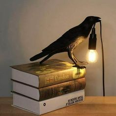 a crow lamp sitting on top of two books