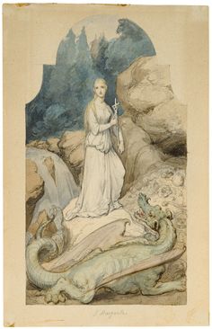 a drawing of a woman standing next to a dragon