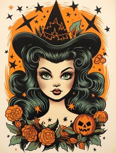 an illustration of a woman with long hair wearing a witches hat and pumpkins on her head