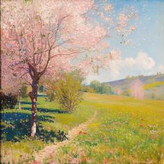 an oil painting of a tree in the middle of a field with flowers on it