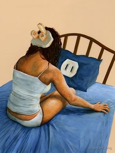 a painting of a woman sitting on a bed with her leg in the air and wearing a bandage around her head