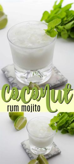 an image of coconut rum mojito with limes on the side and text overlay