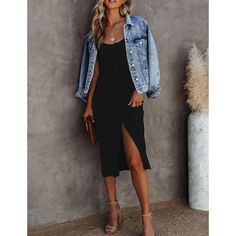 Black Button Detail Split Ribbed Bodycon Dress Ribbed Midi Dress, Ribbed Knit Dress, Distressed Denim Jacket, Looks Chic, Bodycon Midi, Knit Midi, Knit Midi Dress, Midi Dress Sleeveless, Midi Dress Bodycon