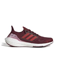 the adidas running shoe is maroon and white